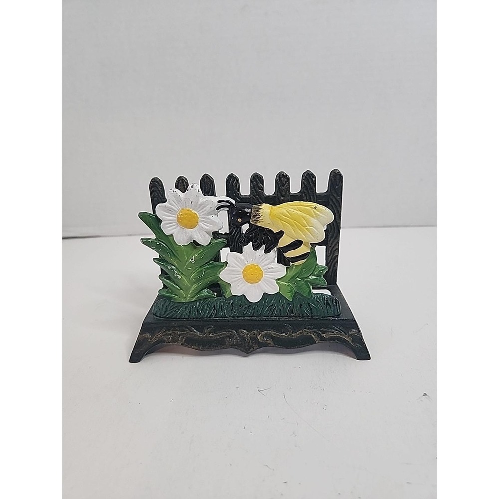 Vintage Cast Iron Daisies & Bumblebee Napkin Letter Holder 5.5" X 4"